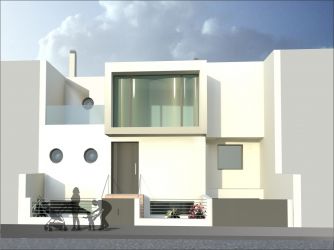 Alzado principal de la vivienda. Se aprecian las sombras que genera el movimiento en fachada de los diferentes volúmenes.